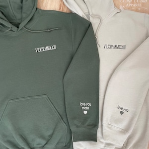 Custom Embroidered Roman Numeral Hoodie, Personalized Anniversary Gift, Embroidered Couples Hoodie, Valentine&#39;s Sweatshirt