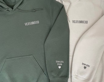 Custom Embroidered Roman Numeral Hoodie, Personalized Anniversary Gift, Embroidered Couples Hoodie, Valentine&#39;s Sweatshirt