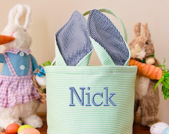 Personalized Seersucker Easter Basket, Embroidered Name, Floppy Ears