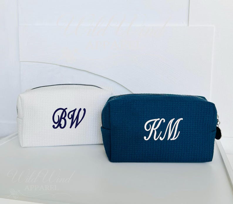 Monogram Waffle Cosmetic Bag, Initials Makeup Bag, Embroidered Toiletry Bag, Custom Name Cosmetic Bag, Bridesmaid Gift, Bridal Gift