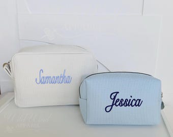 Personalized Waffle Cosmetic Bag, Embroidered Name Toiletry Bag, Bridesmaid Gift