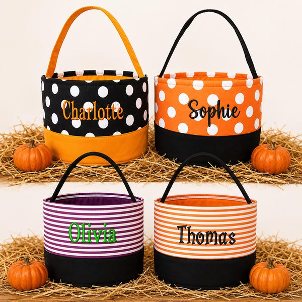 Personalized Halloween Basket, Embroidered Trick or Treat Bucket, Kids Candy Bag