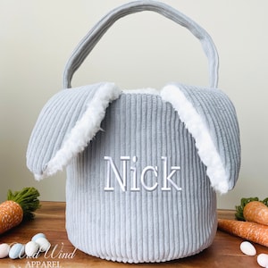 Personalized Corduroy Easter Basket With Floppy Ears Embroidered Easter Basket Embroidered Name Easter Basket