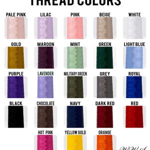 May include: A chart of thread colors with names for each color. The colors include pale pink, lilac, pink, beige, white, gold, maroon, mint, green, light blue, purple, lavender, military green, grey, royal, black, chocolate, navy, dark red, red, hot pink, yellow gold, and orange.