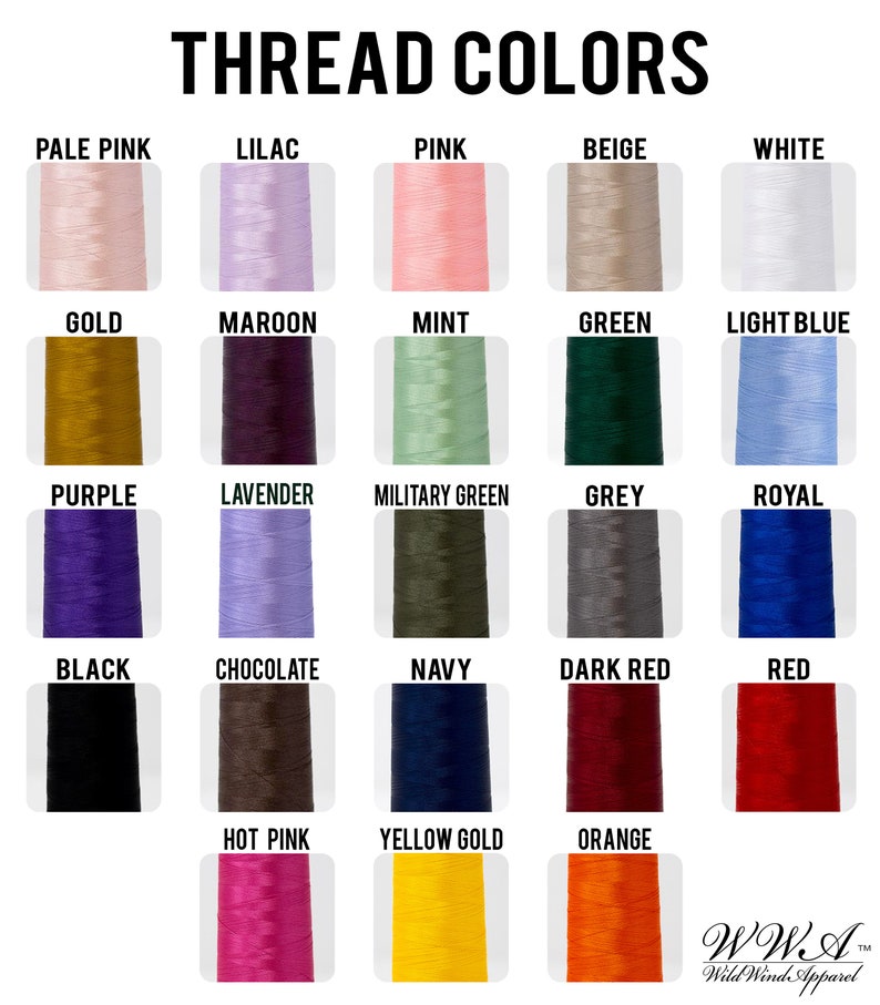 May include: A chart of thread colors with names for each color. The colors include pale pink, lilac, pink, beige, white, gold, maroon, mint, green, light blue, purple, lavender, military green, grey, royal, black, chocolate, navy, dark red, red, hot pink, yellow gold, and orange.