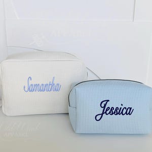 Personalized Waffle Cosmetic Bag, Personalized Makeup Bag, Embroidered Toiletry Bag, Custom Name Cosmetic Bag, Bridesmaid Gift, Bridal Gift