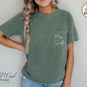 Custom Name Mrs. Pocket Shirt, Comfort Colors Pocket Shirt, Bride T-Shirt, Honeymoon Tee, Engagement Gif, Anniversary Shirt