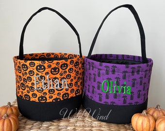 Personalized Halloween Baskets, Cat, Pumpkin Buckets, Trick-or-Treat Buckets, Embroidered Name Halloween Bucket, Kids Halloween Basket