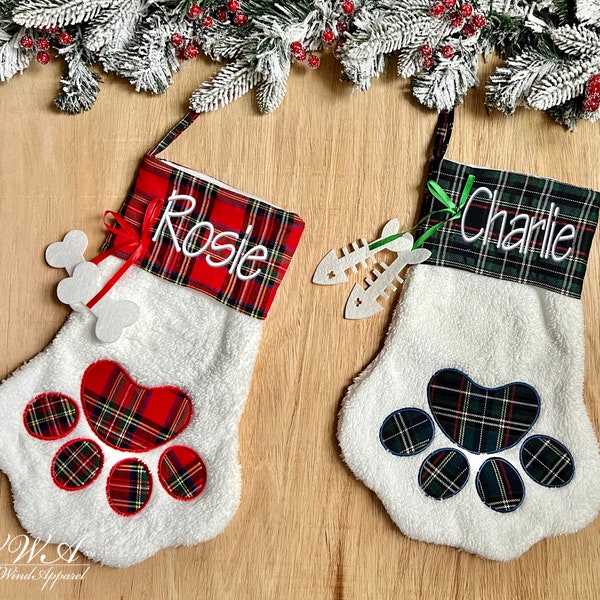 Personalized Pet Christmas Stocking Dog Cat Stocking Fur Baby Stocking Embroidered Pet Stocking Paw Print Stocking