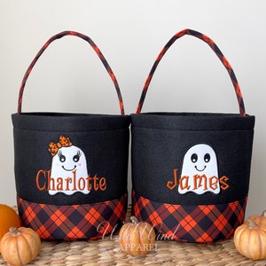 Personalized Halloween Baskets, Ghost Trick or Treat Buckets, Boy Girl Halloween, Embroidered Name Halloween Bucket, Kids Halloween Basket