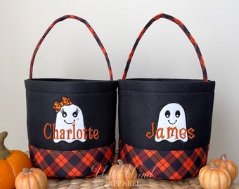 Personalized Halloween Baskets, Ghost Trick or Treat Buckets, Boy Girl Halloween, Embroidered Name Halloween Bucket, Kids Halloween Basket