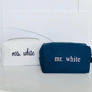 Mr and Mrs. Personalized Waffle Cosmetic Bag, Personalized Makeup Bag, Embroidered Toiletry Bag, Honeymoon Gift, Couples Gift