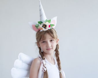 White Unicorn Costume With Fairy Wings And Unicorn Headband