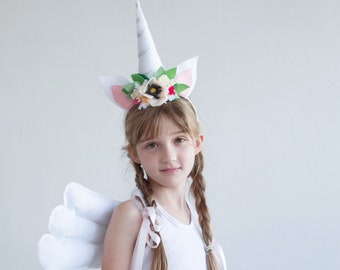 White Unicorn Costume With Fairy Wings And Unicorn Headband