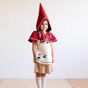 Woodland Gnome Girl Costume – Red Cloak with Bells, Apron & Optional Dress – Kids Fairy Tale Outfit for Halloween, Purim or Play