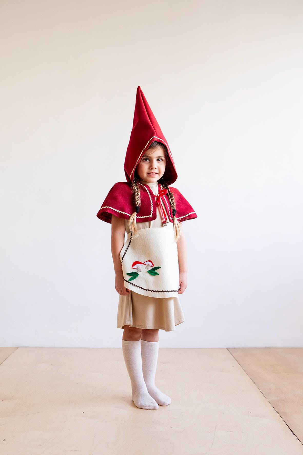 Woodland Gnome Girl Costume – Red Cloak With Bells, Apron & Optional ...
