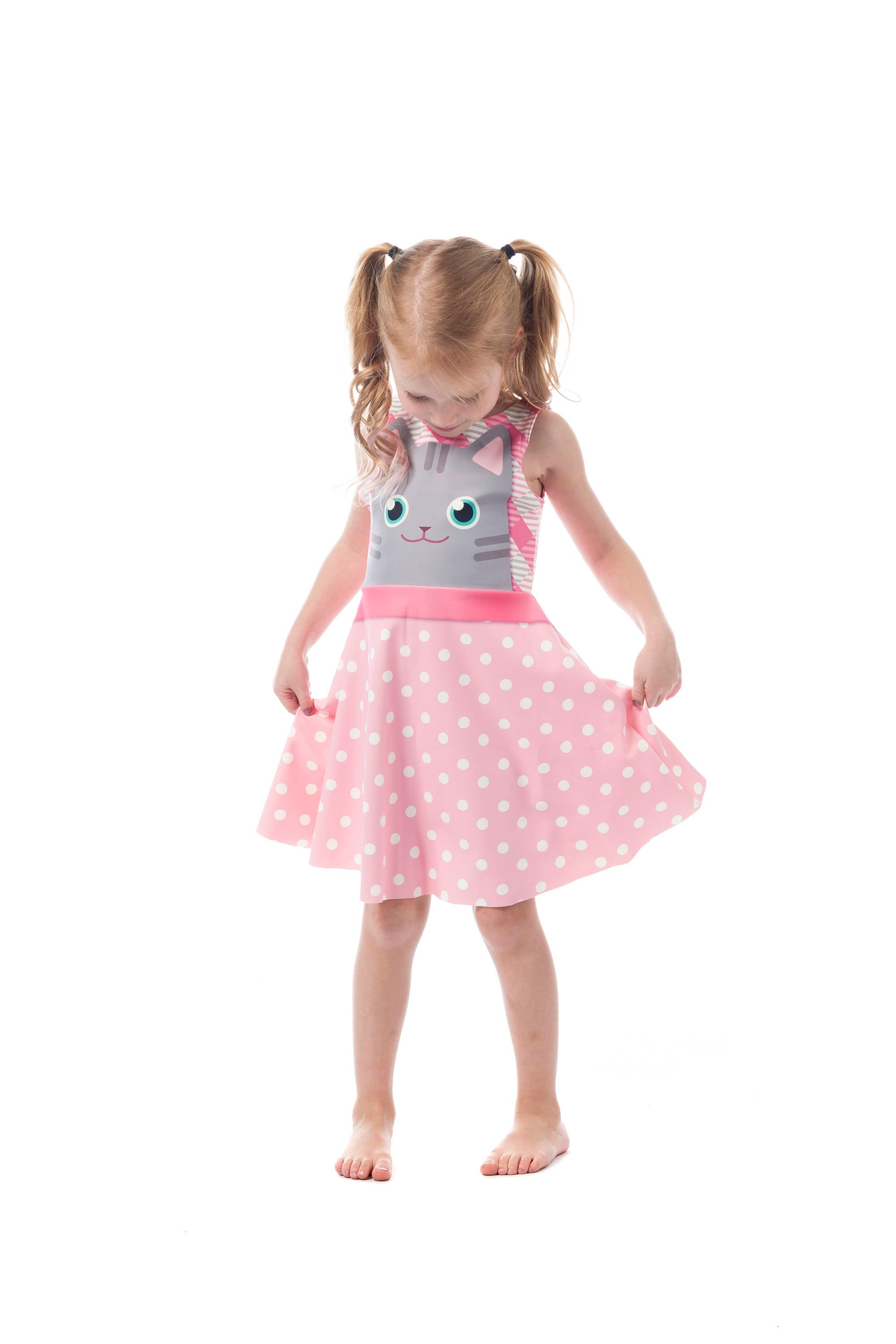 Meow Kids Dress Printed Fun Bright Kitty Cat Pink Plaid and