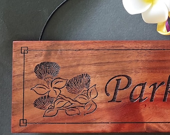 Personalized Koa Wood Sign: Engraved Ohia Lehua Blossom, Hawaiian Decor