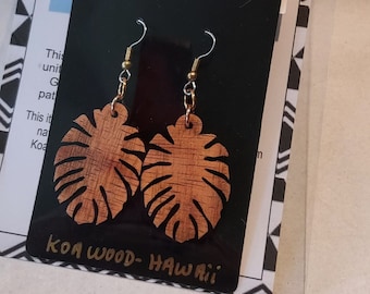 Hawaiian Monstera Earrings - Solid Koa Wood - Handmade in Hawaii