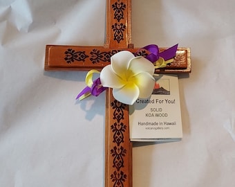 Handmade Koa Wood Wall Cross: 10x6 Hawaiian Kukui Blossom Design