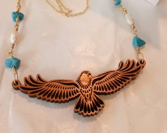 Koa Wood Hawaiian Hawk Necklace: Turquoise & Pearl, 18K Gold Filled