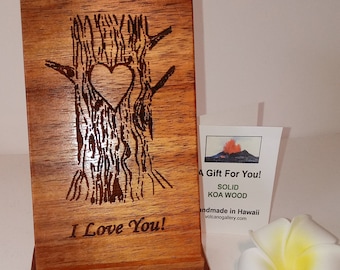 Personalized Hawaiian Koa Wood "Heart in Tree" Plaque - Handmade in Hawaii