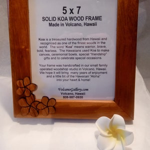 Solid Koa Wood Frame with Plumeria Accent  - Handmade in Hawaii - FREE SHIPPING