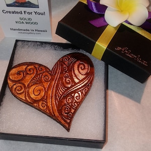 Hawaiian Heart Magnet - Solid Koa Wood  ( 3" ) - Ornate Engraved Design - Handmade in Volcano, Hawaii