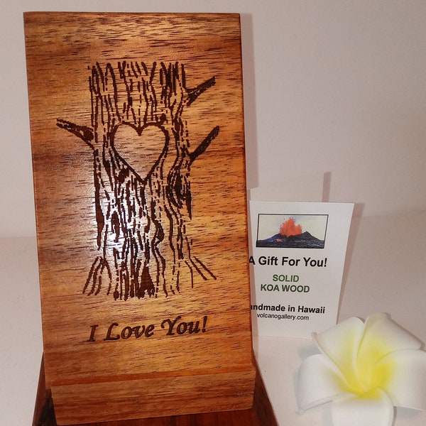 Personalized Hawaiian Koa Wood "Heart in Tree" Plaque - Handmade in Hawaii