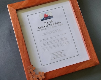 Hawaiian Frame with PLUMERIA Flower Accent - 8x10 Solid Koa Wood - Handmade in Hawaii