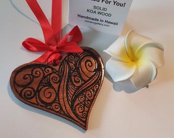 NEW! - Engraved Hawaiian Koa Wood Heart ORNAMENT ( 3" ) - Ornate Design - Handmade in Volcano, Hawaii