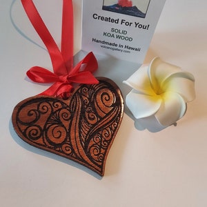 NEW! - Engraved Hawaiian Koa Wood Heart ORNAMENT ( 3" ) - Ornate Design - Handmade in Volcano, Hawaii
