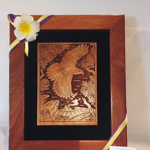 Hawaiian Hawk ( I&#39;o ) Engraved Wall Art in  8x10 Solid Koa Wood Frame  - Handmade in Volcano, Hawaii
