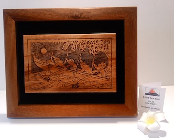 Handmade Koa Wood Canoe Paddler Art: Hawaiian Engraved Plaque in 8x10 Frame