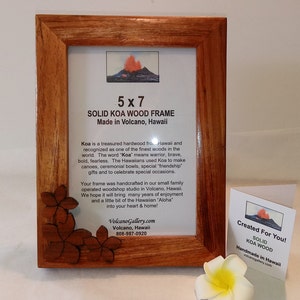 Hawaiian Koa Wood Frame with Plumeria Accent - Solid Koa - 5x7 - Handmade in Hawaii