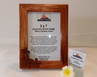 Hawaiian Koa Wood Frame with Plumeria Accent - Solid Koa - 5x7 - Handmade in Hawaii