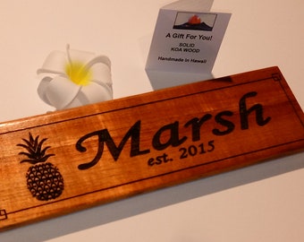 Personalized Hawaiian Pineapple Koa Wood "FAMILY NAME SIGN" - Handmade in Hawaii