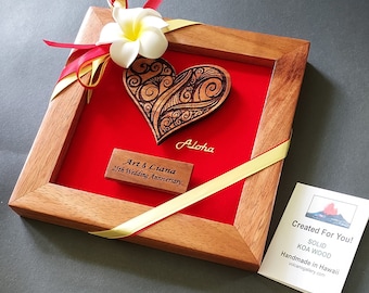 Personalized Heart Anniversary Gift / Engraved Hawaiian Koa Wood Heart with engraved plaque  /   Solid Koa Frame / Handcrafted in Hawaii