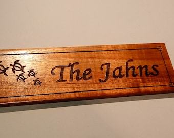 Personalized Koa Wood Sign: Engraved "Good Luck" Turtles (Honu), Hawaiian Decor