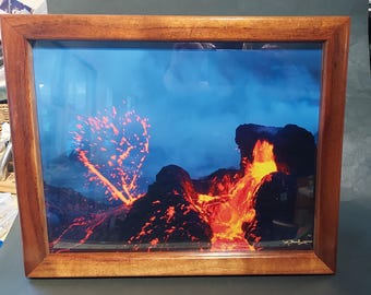 Hawaiian 11x14 Solid Koa Wood Frame with Signed "Brad Lewis" Lava Print - Ready to Ship