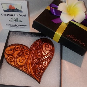 Hawaiian Heart Magnet - Solid Koa Wood  ( 3" ) - Ornate Engraved Design - Handmade in Volcano, Hawaii