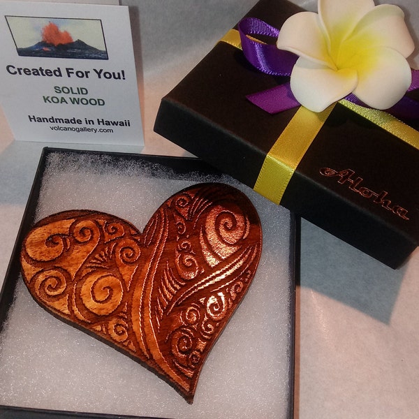 Hawaiian Heart Magnet - Solid Koa Wood  ( 3" ) - Ornate Engraved Design - Handmade in Volcano, Hawaii