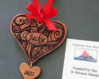 NEW! - Personalized Engraved Hawaiian Koa Wood Heart ORNAMENT ( 3" ) - Ornate Design - Handmade in Volcano, Hawaii