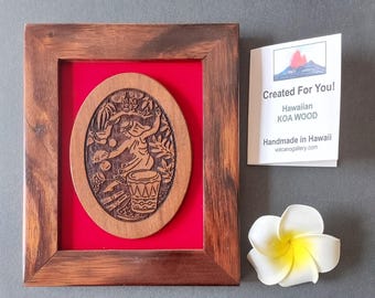 Handmade Hula Kahiko Art: Engraved Ornament in Solid Koa Wood Frame, Hawaiian Decor