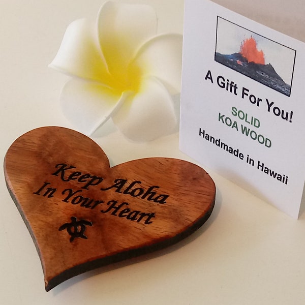 Keep Aloha in Your Heart Magnet - with Good Luck Honu - Solid Hawaii Koa Wood - 3" - Handmade in Volcano, Hawaii