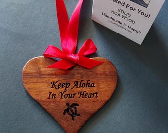 Koa Wood Heart Ornament with Engraving: Hawaiian Honu, Aloha (3")