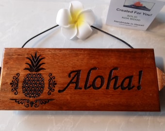 Hawaiian Koa Wood "ALOHA" Sign with Pineapple Design - (actual sign you will receive - Ready to Ship)