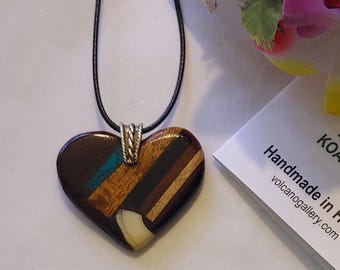 Hawaiian Heart Koa Wood Pendant  - one-of-a-kind - Solid 925 Sterling Silver bail - Handmade in Hawaii ( Ready to Ship )