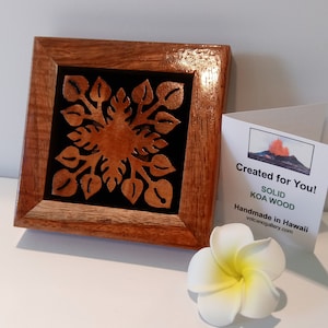 Hawaiian Style Decor - Unique Wall Art: Anthurium Quilt Design approx 6x6 OD - Solid Koa Wood - Handmade in Hawaii