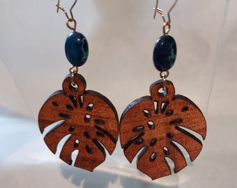 Koa Wood Monstera Earrings with Genuine Blue Jasper Bead: Hawaiian Jewelry - Handmade in Hawaii